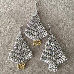 Handmade Crochet Pale Blue/Grey Holiday Christmas Tree Hang Decorations Set of 3